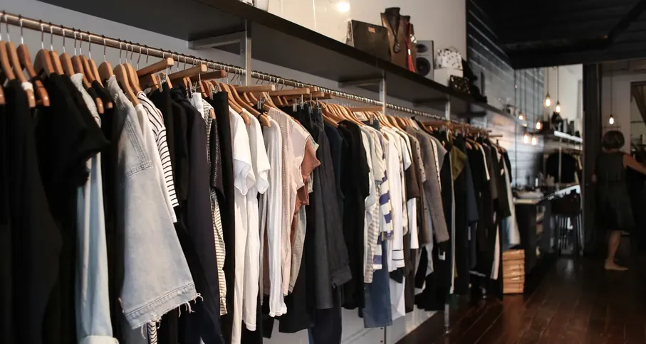 Arara de roupas em loja com iluminação quente